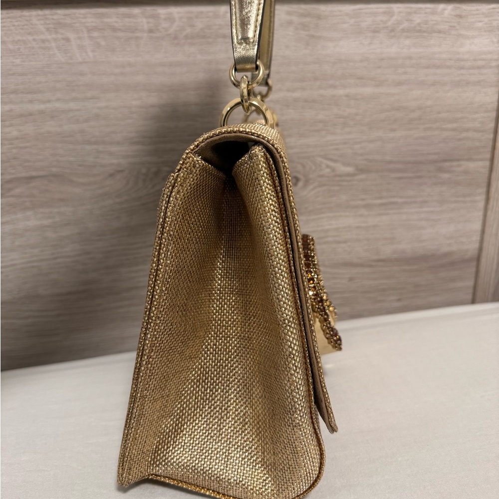 Jimmy Choo Crystal Madeline Gold Woven Raffia Top Handle Bag - Picture 3 of 13